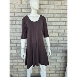 Eileen Fisher Silk Dress L Brown Minimalist A-Line 3/4 Sleeve Classic Casual